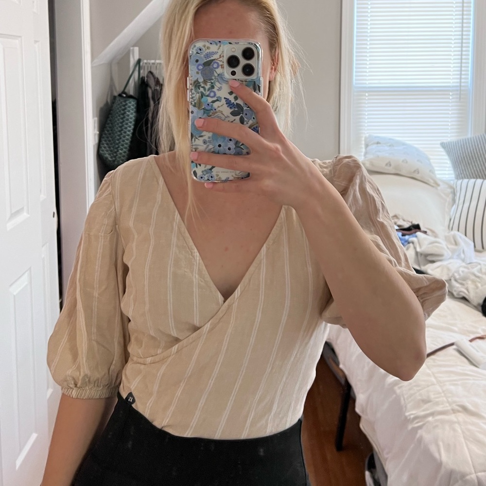 Tan Striped Abercrombie Puff Sleeve Blouse